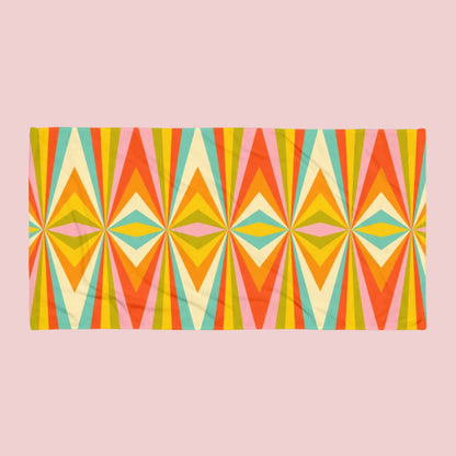 Retro geometric beach towel with mid century modern pattern, large soft absorbent towel ideal for beach days, swimming pools, lake trips, cruise travel, and summer vacations, vibrant vintage inspired towel for geometric decor fans and retro aesthetic lovers. Mid Century Modern Bold Geometric Graphic Beach towel, in red, orange, green, teal, yellow and white. A perfect unique must have accessory for your next family vacation, by jaecrece.com