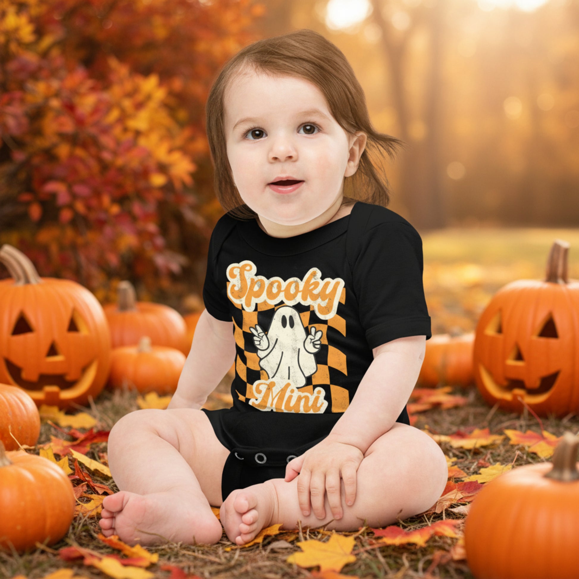 Retro inspired Spooky Mini Vibes baby bodysuit featuring a friendly ghost surrounded by orange and cream Halloween graphics on black. This cute baby Halloween outfit is perfect for first Halloween photos, pumpkin patch adventures, family celebrations, and coordinating sibling outfits.