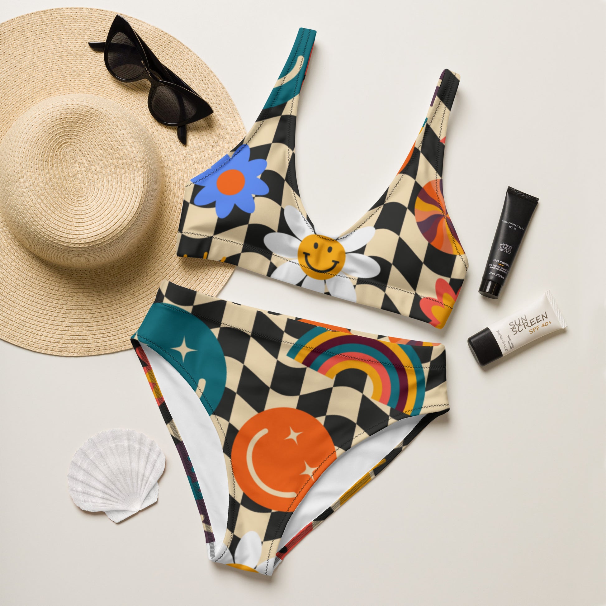 Retro inspired smiley face checkerboard bikini made with recycled polyester for eco conscious swimwear lovers. The high waisted bottom provides comfortable coverage while the matching top includes removable padding for a customizable fit. Designed for confidence comfort and playful summer style in sizes XS through 3XL.