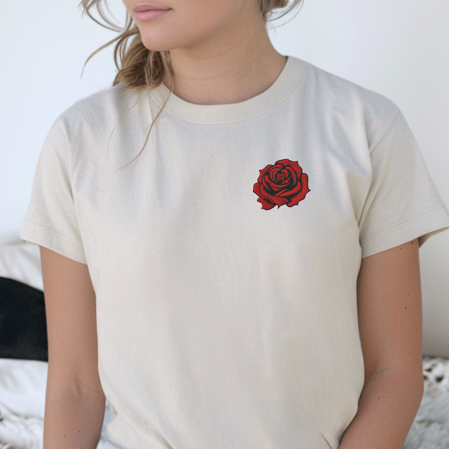 Embroidered Rose T Shirt for Women, June Birth Flower Gift, Tattoo Style Embroidery