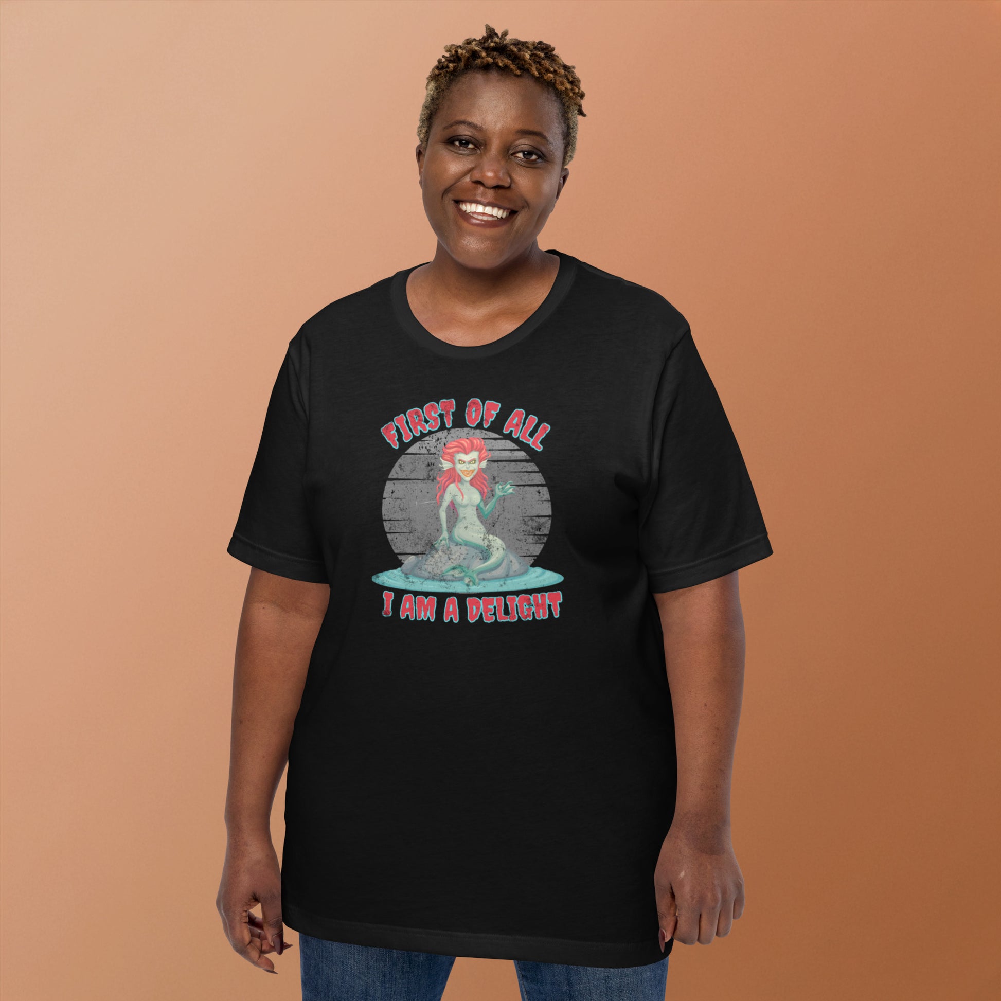 Funny gothic mermaid t-shirt with snarky quote, ideal for dark fantasy enthusiasts, mythology fans, Ren Faire cosplay, or Halloween costume wear, Bella Canvas 3001 unisex tee in Black, Heather Midnight Navy, Heather Grey, XS–5XL.