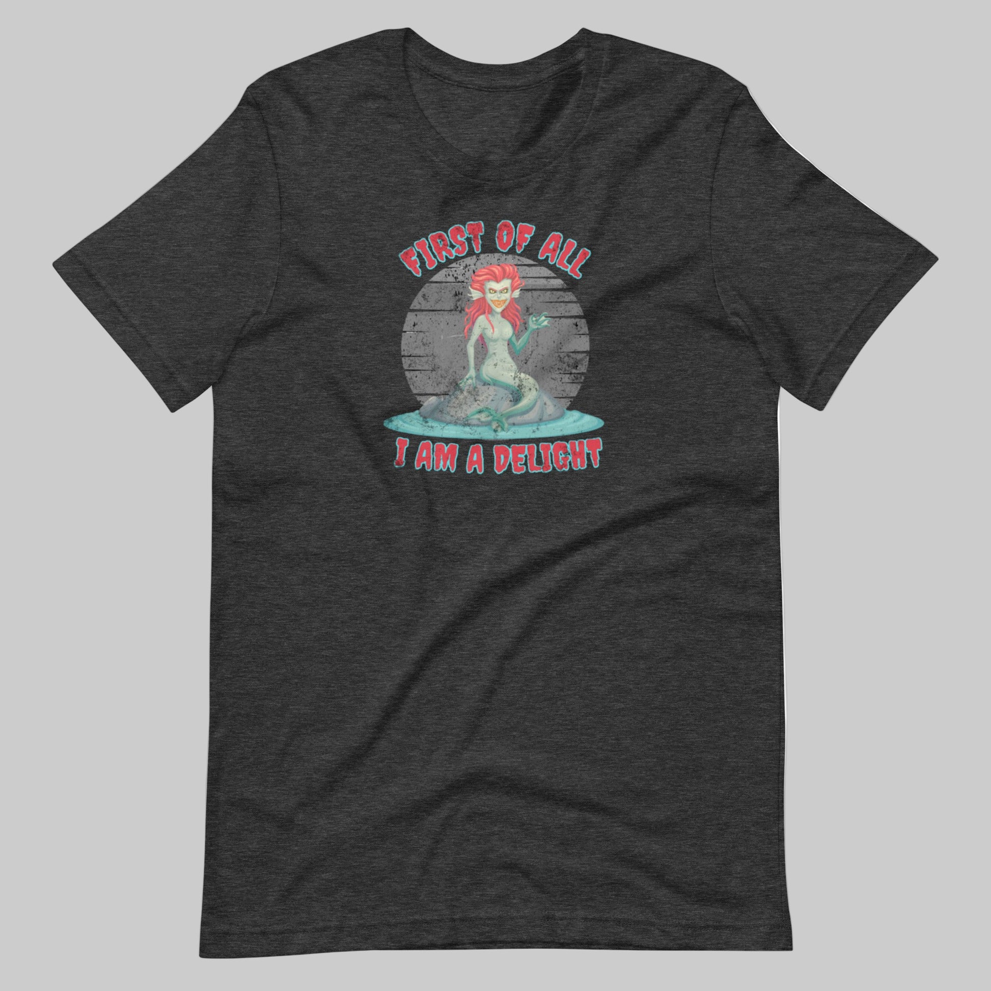 Witty ocean mythology graphic tee featuring an evil siren sitting on a rock, ideal for Halloween, gothic fantasy enthusiasts, Renaissance fair outfits, or gift for mermaid fans, unisex Bella Canvas 3001 shirt in black, navy, grey, XS–5XL