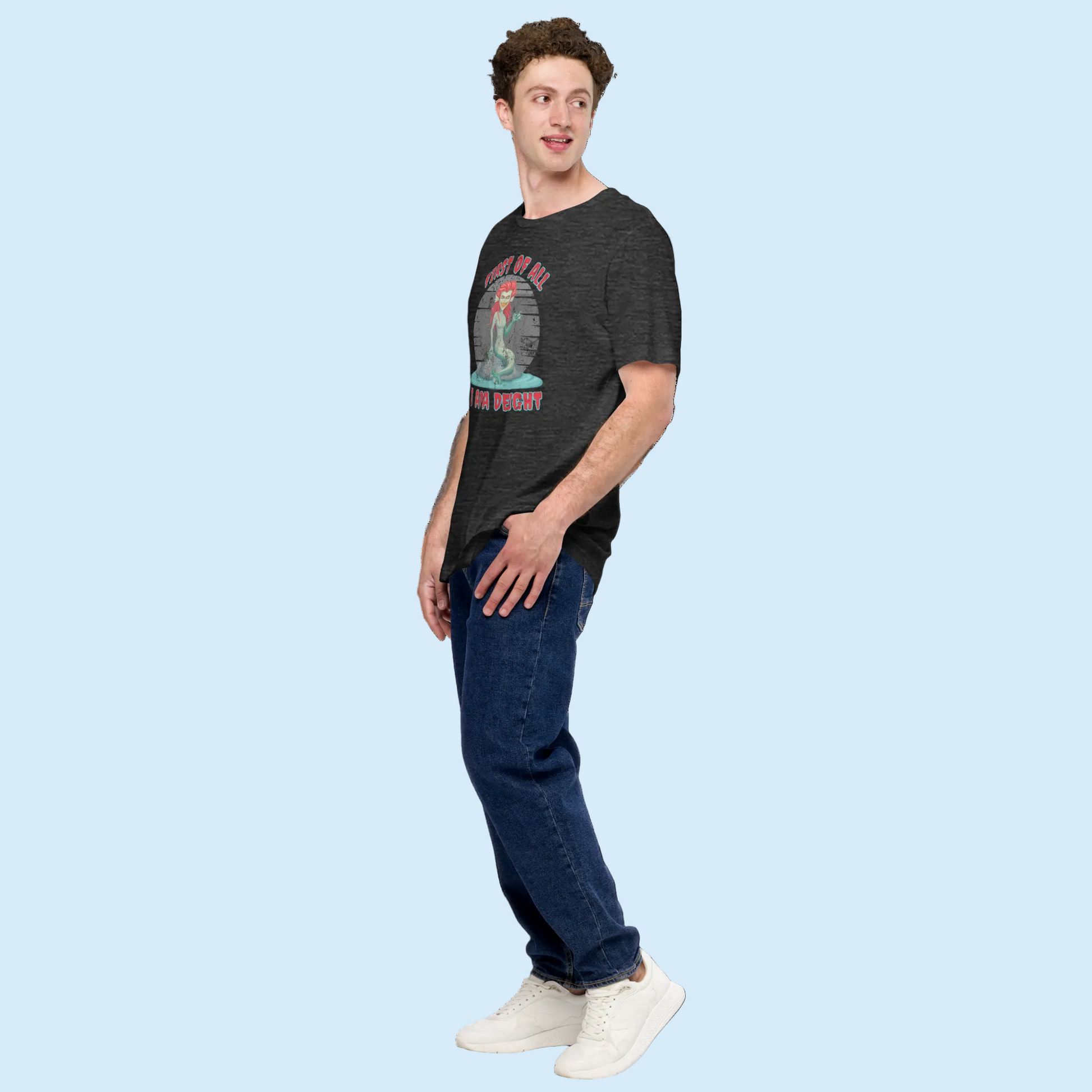Sarcastic siren graphic tee featuring an evil looking mermaid on a rock with funny ocean themed artwork for fantasy readers and mythology enthusiasts