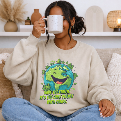 Earth Day sweatshirt for adults featuring a smiling planet Earth with green leaves and a playful candy themed Save Earth message. This funny graphic sweatshirt makes a great Earth Day gift for teachers, environmentalists, tree huggers and nature lovers, and pairs with matching kids Earth Day shirts for family outfits.