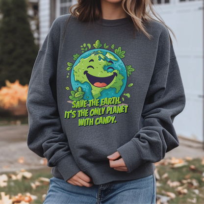 Funny Save Earth sweatshirt featuring a smiling cartoon planet Earth surrounded by leaves with the phrase It’s the only planet with candy! This adult Earth Day sweatshirt is a fun choice for environmentalists, tree huggers, nature lovers and teachers attending Earth Day celebrations, school events or community activities.