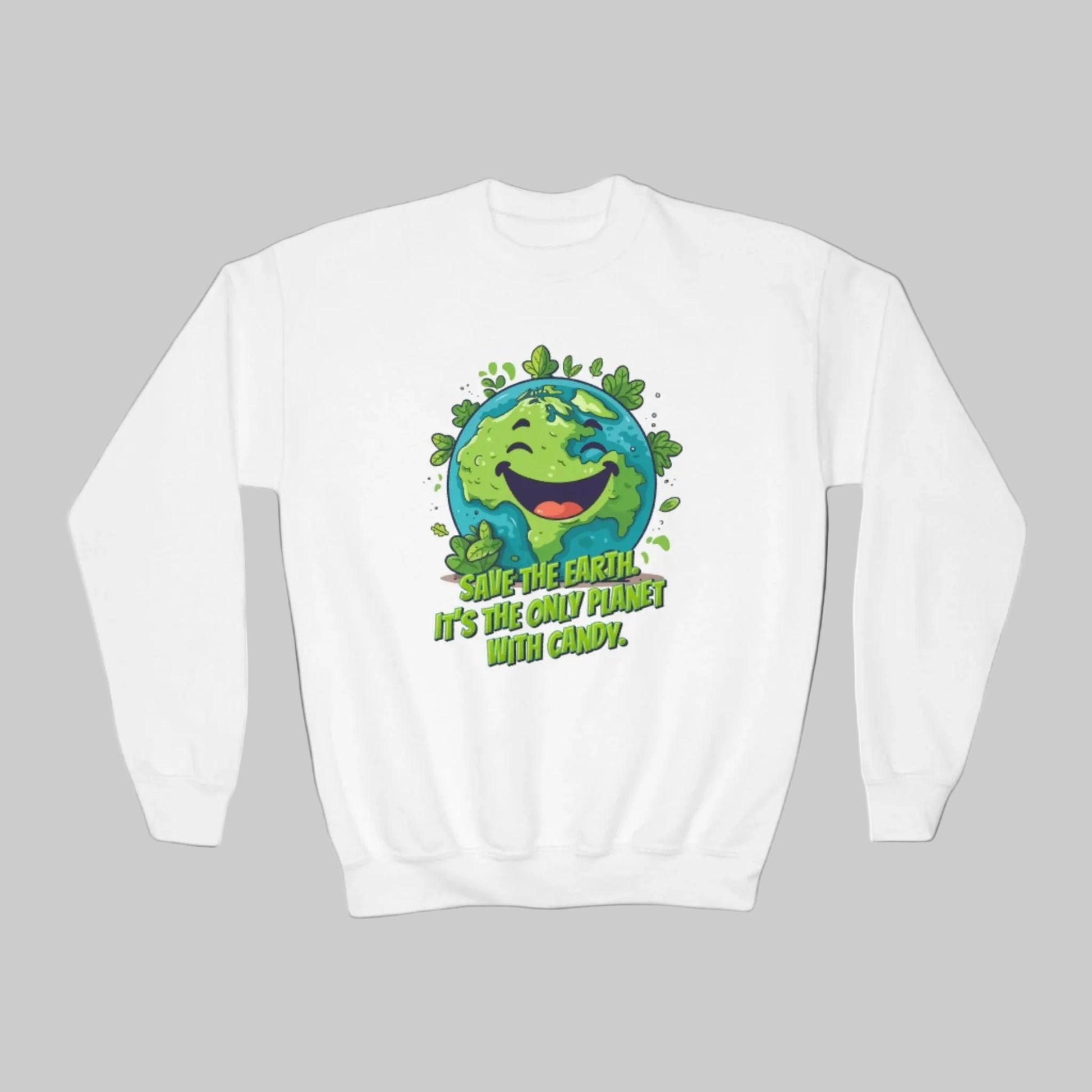 Image: Earth Day kids sweatshirt, available in white, black, grey, forest green and navy. Save the Planet youth unisex crewneck shirt with large cartoon smiling planet earth, with water and leaves. Text reads Save the Earth! Its the only planet with candy! Makes a great gift and reminder to save our planet, by jaecrece