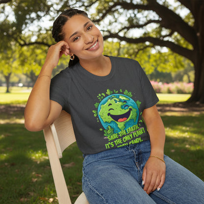 Adult graphic tee featuring a smiling cartoon planet Earth, green leaves and the funny message Save Earth! It’s the only planet with candy! This Earth Day shirt is perfect for teachers, environmentalists, nature lovers and anyone looking for a cheerful conservation shirt. Matching family shirts make this a fun Earth Day outfit.