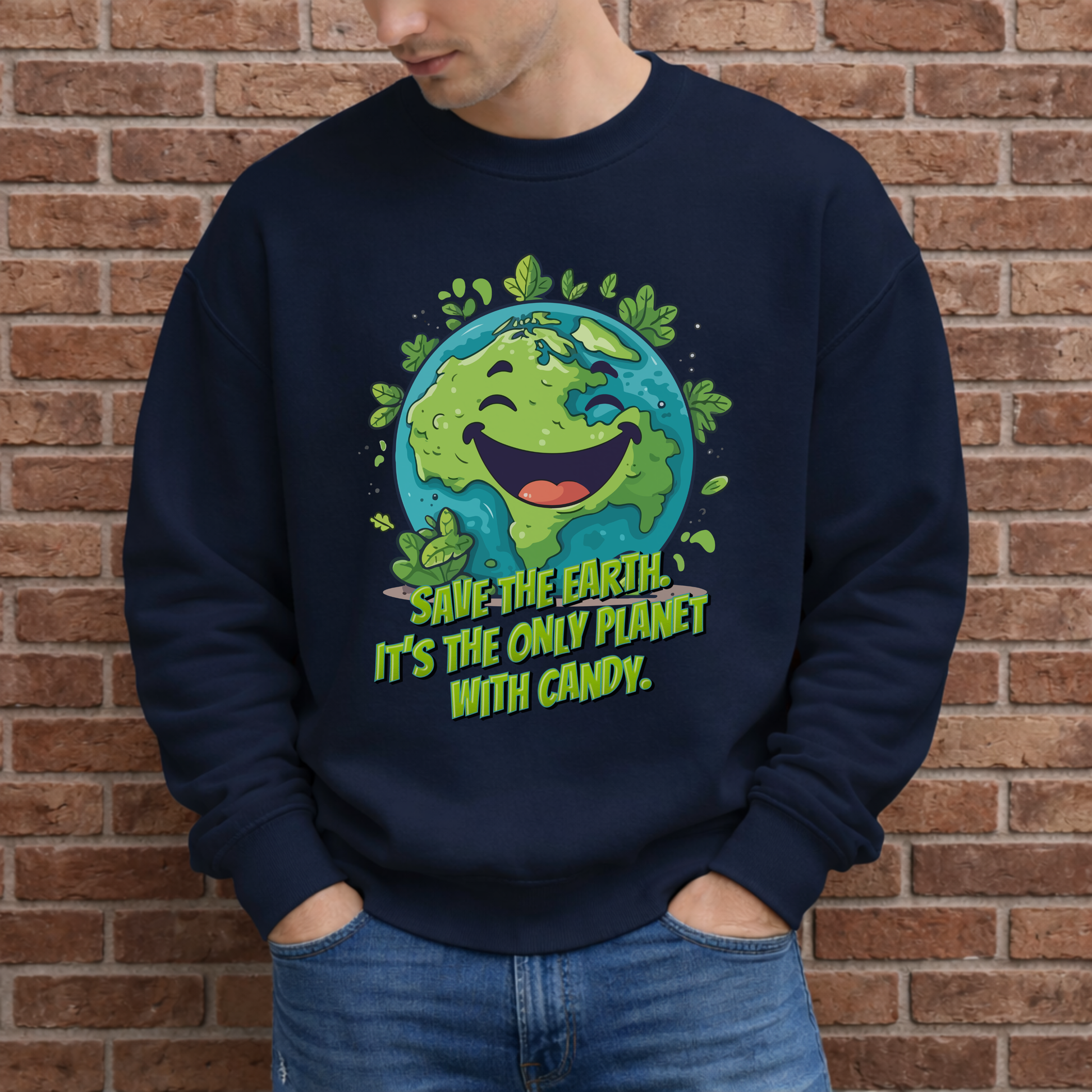 Save the planet sweatshirt for adults featuring a smiling cartoon Earth with leaves and a funny candy message. This playful environmental shirt alternative is perfect for Earth Day outfits, teacher gifts, environmentalist gifts, nature lovers and family celebrations. Matching Earth Day shirts are available for kids.