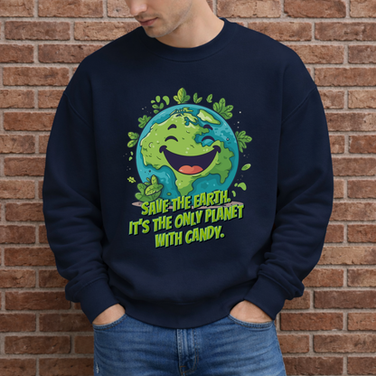 Save the planet sweatshirt for adults featuring a smiling cartoon Earth with leaves and a funny candy message. This playful environmental shirt alternative is perfect for Earth Day outfits, teacher gifts, environmentalist gifts, nature lovers and family celebrations. Matching Earth Day shirts are available for kids.