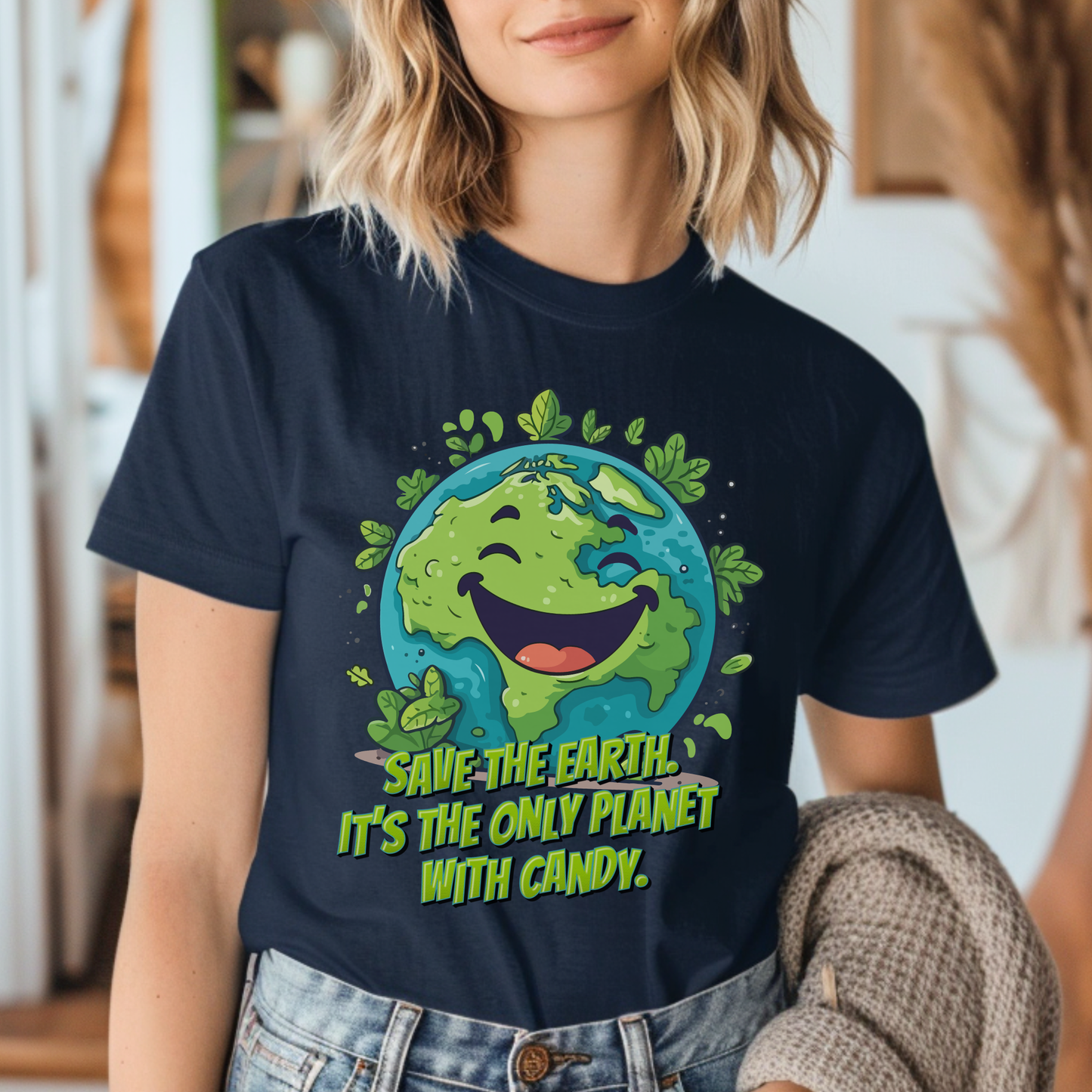 Cute Earth Day outfit shirt for adults featuring a smiling planet Earth with leafy nature accents and a playful Save Earth candy slogan. This funny Earth Day tee is ideal for teachers, environmentalists, conservation lovers and nature lovers. Pair it with matching Earth Day shirts for kids to create a fun family Earth Day outfit.