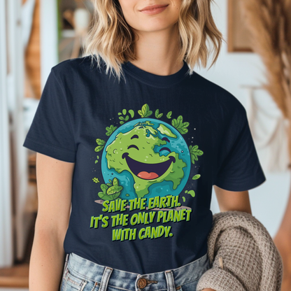 Cute Earth Day outfit shirt for adults featuring a smiling planet Earth with leafy nature accents and a playful Save Earth candy slogan. This funny Earth Day tee is ideal for teachers, environmentalists, conservation lovers and nature lovers. Pair it with matching Earth Day shirts for kids to create a fun family Earth Day outfit.