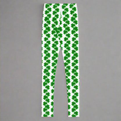 Image: St Patricks Day Shamrock Leggings in Tween and Teen Girls Sizes 8, 10, 12, 14, 16, 18, 20. Shamrock leggings for girls in youth sizes 8–20 with a white background and cheerful green clover chain pattern. These stretchy, festive leggings are great for celebrating St. Patrick’s Day at school, at home, or in family photos. Designed for comfort and movement, they’re perfect for kids who want fun and fashionable holiday wear with a dash of Irish spirit.