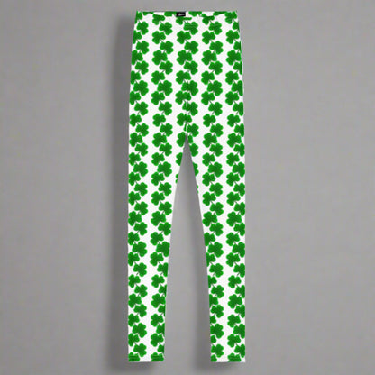 Image: St Patricks Day Shamrock Leggings in Tween and Teen Girls Sizes 8, 10, 12, 14, 16, 18, 20. Youth St. Patrick’s Day leggings for girls, available in sizes 8–20, feature a white base with vertical chains of bright green shamrocks. These holiday-themed leggings are soft, stretchy, and stylish—perfect for twirling at parties, attending school events, or joining in Irish-themed fun with family. A festive choice for any girl who loves cheerful, seasonal clothes.