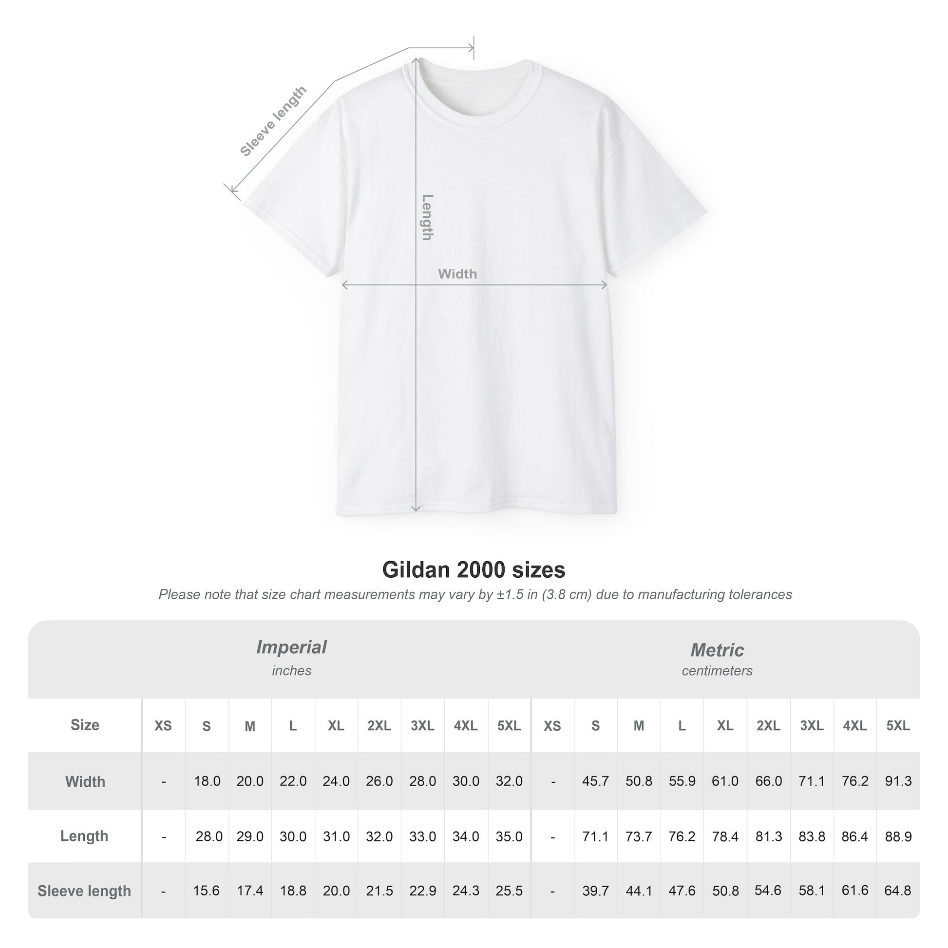 White t-shirt with measurement chart for Gildan 2000 sizes on a white background
