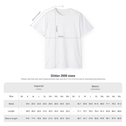 White t-shirt with measurement chart for Gildan 2000 sizes on a white background