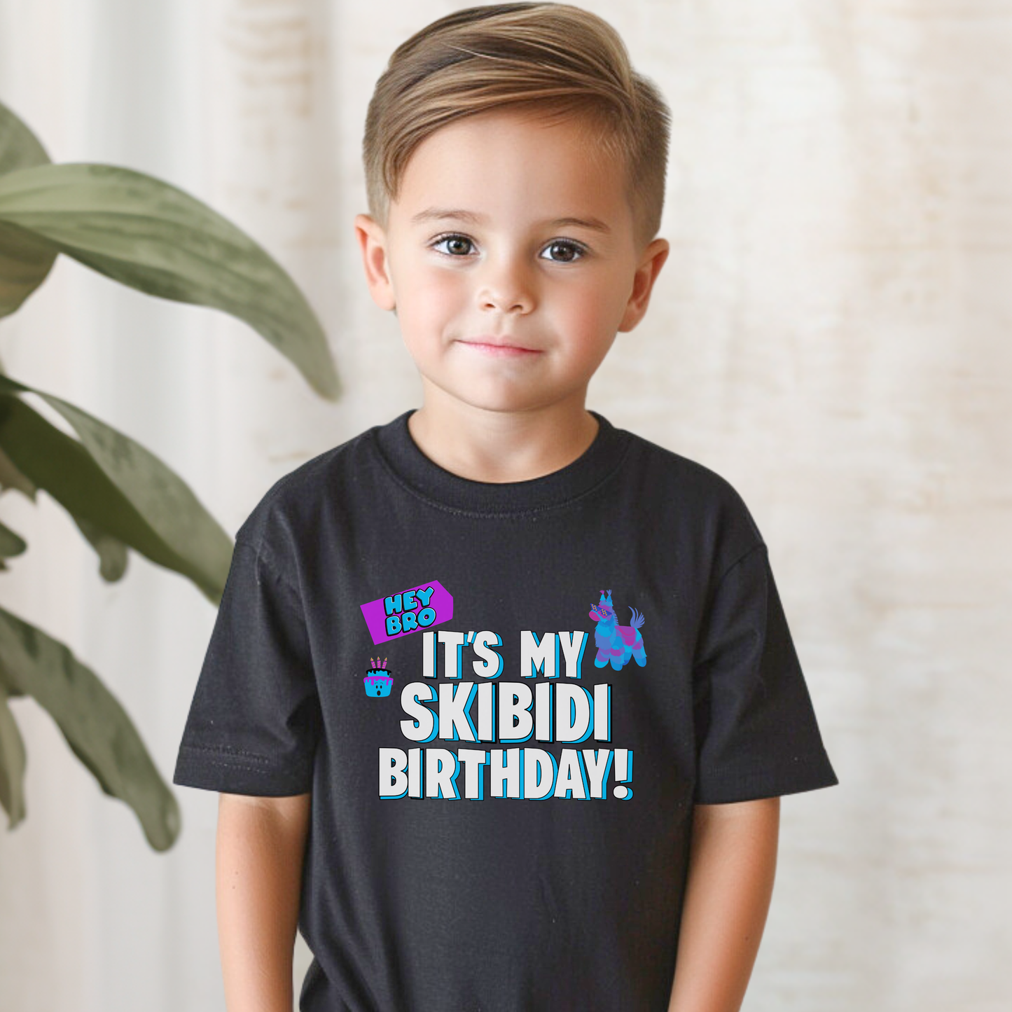 Toddler Skibidi birthday shirt featuring a colorful Hey Bro It’s My Skibidi Birthday graphic with bold blue and white lettering on a black Bella Canvas toddler tee, perfect for a funny birthday party outfit