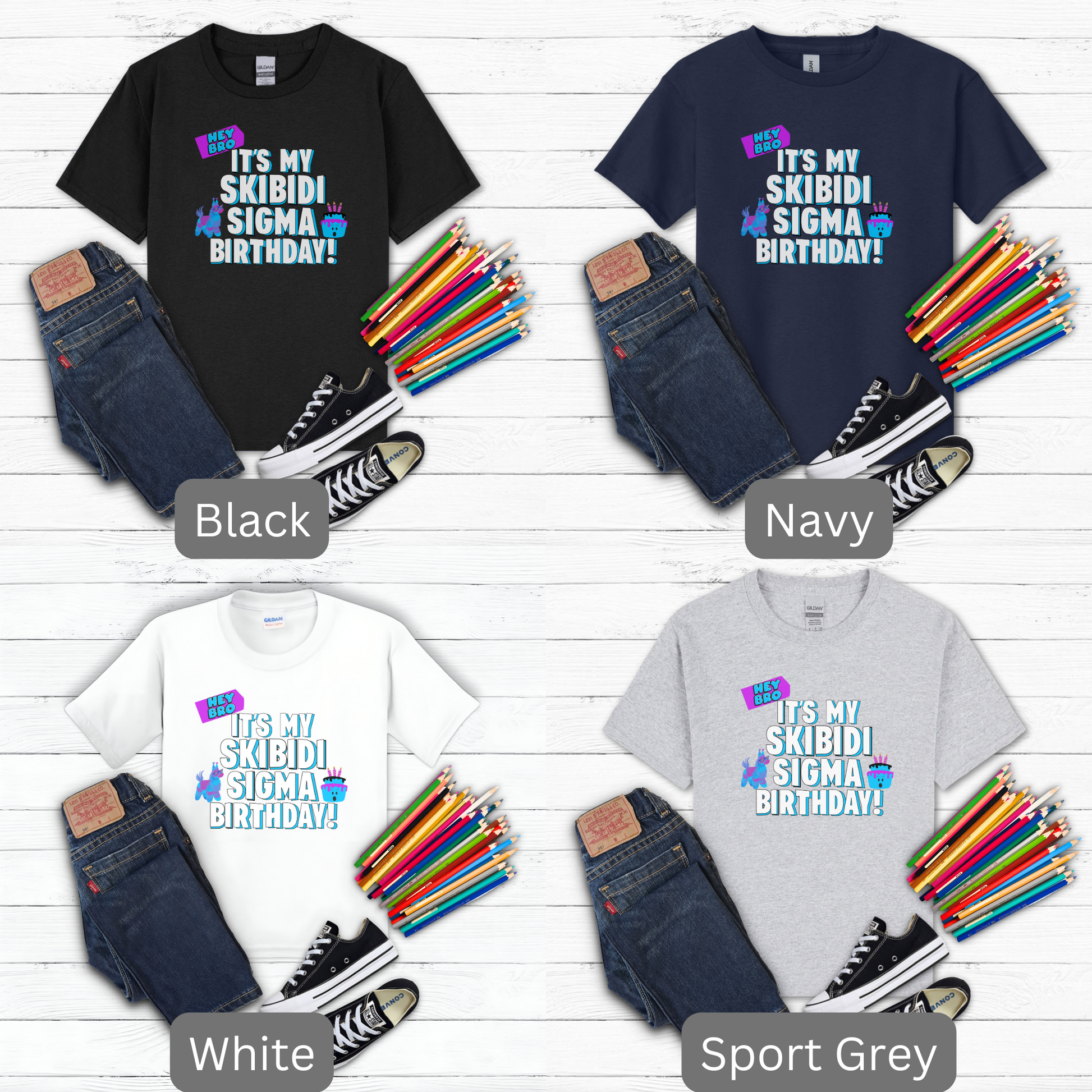 This kids’ Skibidi Sigma birthday tee brings together trending internet humor and birthday celebration fun. Designed for meme fans and gamer kids, this shirt says “Hey Bro! It’s my Skibidi Sigma Birthday!” in a bold style that’s perfect for tweens and teens. Available in Navy, Black, White, and Sport Grey, it’s great for parties, photos, and turning heads with viral birthday energy.