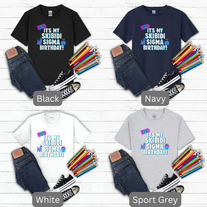 This kids’ Skibidi Sigma birthday tee brings together trending internet humor and birthday celebration fun. Designed for meme fans and gamer kids, this shirt says “Hey Bro! It’s my Skibidi Sigma Birthday!” in a bold style that’s perfect for tweens and teens. Available in Navy, Black, White, and Sport Grey, it’s great for parties, photos, and turning heads with viral birthday energy.