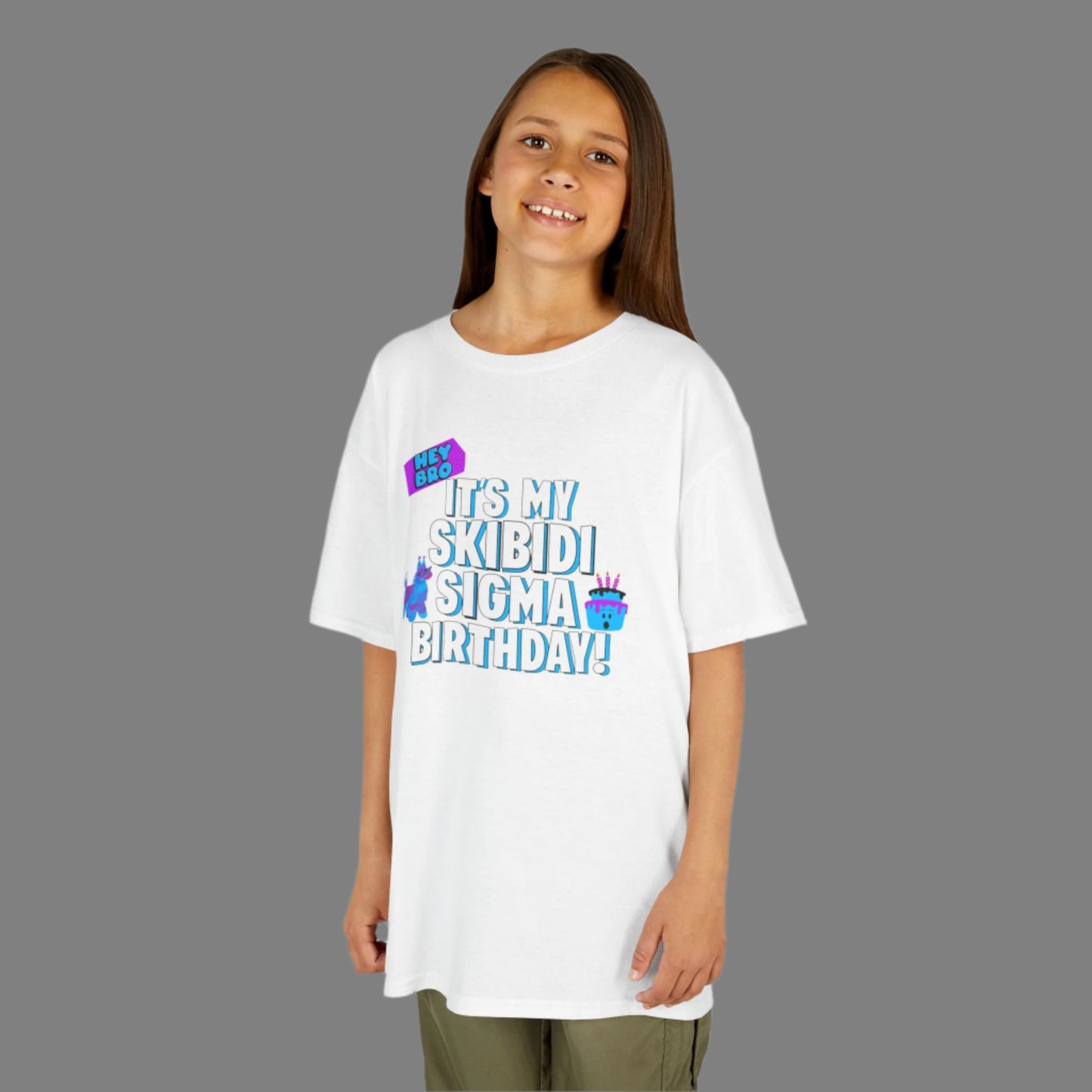 Celebrate your kid's special day in viral fashion with this Skibidi Sigma birthday shirt for boys, girls, tweens, and teens. Featuring “Hey Bro! It’s my Skibidi Sigma Birthday!” this meme T-shirt is available in Navy, Black, White, and Sport Grey and is perfect for gamer kids and meme lovers. A great birthday outfit or gift for those who follow Skibidi, Sigma, Ohio memes, Rizz culture, and Bruh moments.