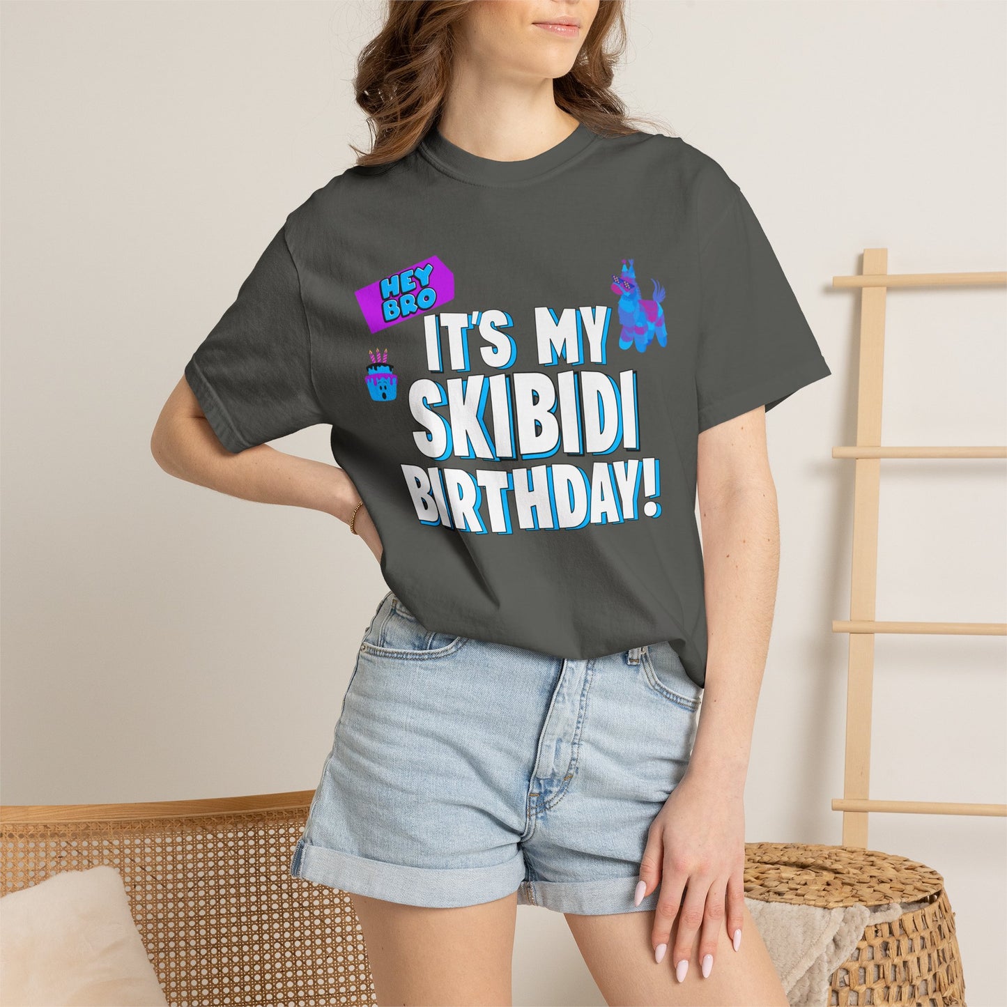 Unisex novelty birthday t shirt with Hey Bro It’s My Skibidi Birthday graphic design made for guys who love memes and party humor. Comfortable garment dyed cotton tee with a broken in feel and relaxed fit pairs with jeans, joggers, or shorts. Ideal for milestone birthdays, birthday dinners, gaming nights, bachelor trips, and casual celebrations. Fun gag gift for boyfriend, husband, brother, son, or friend who likes funny graphic tees.