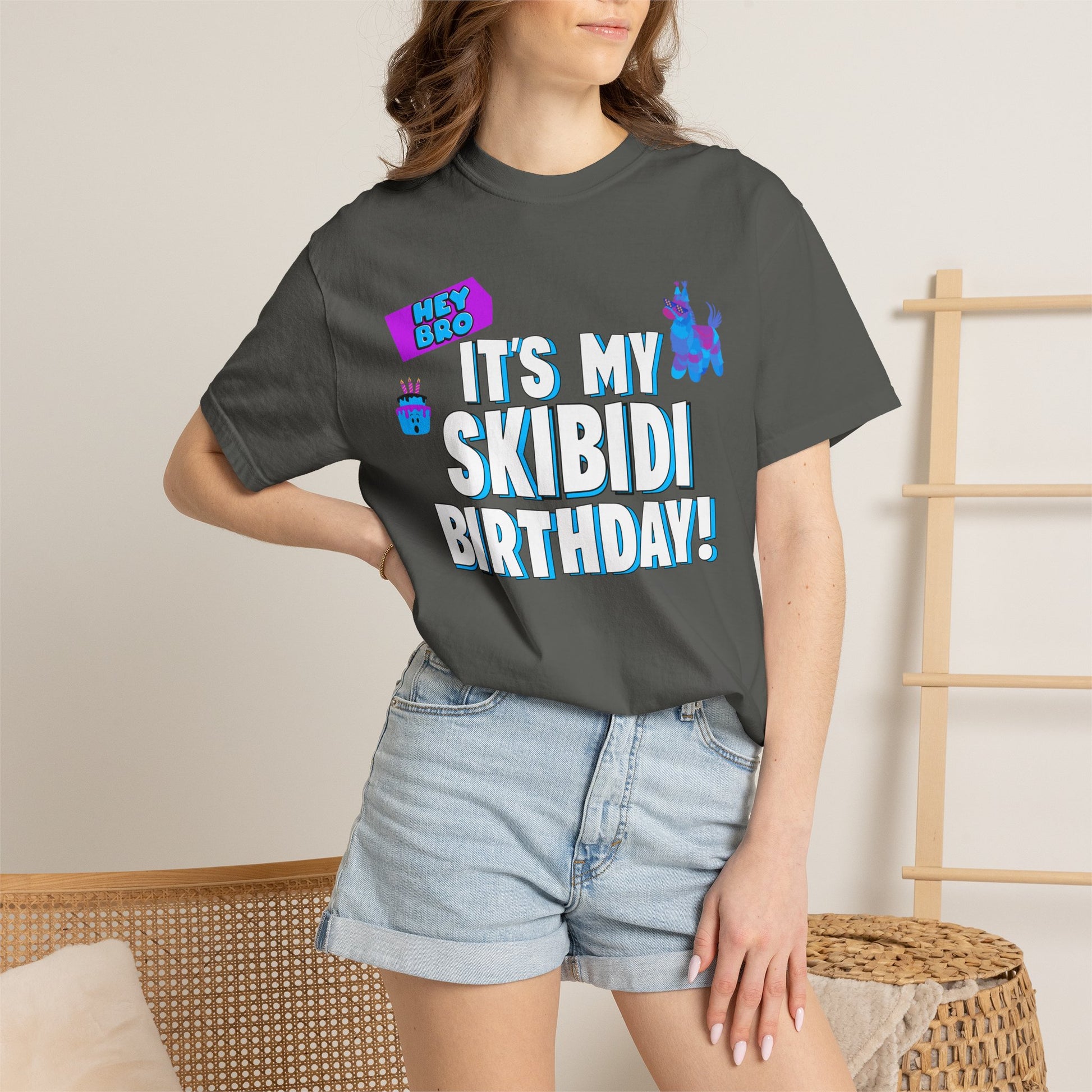 Unisex novelty birthday t shirt with Hey Bro It’s My Skibidi Birthday graphic design made for guys who love memes and party humor. Comfortable garment dyed cotton tee with a broken in feel and relaxed fit pairs with jeans, joggers, or shorts. Ideal for milestone birthdays, birthday dinners, gaming nights, bachelor trips, and casual celebrations. Fun gag gift for boyfriend, husband, brother, son, or friend who likes funny graphic tees.