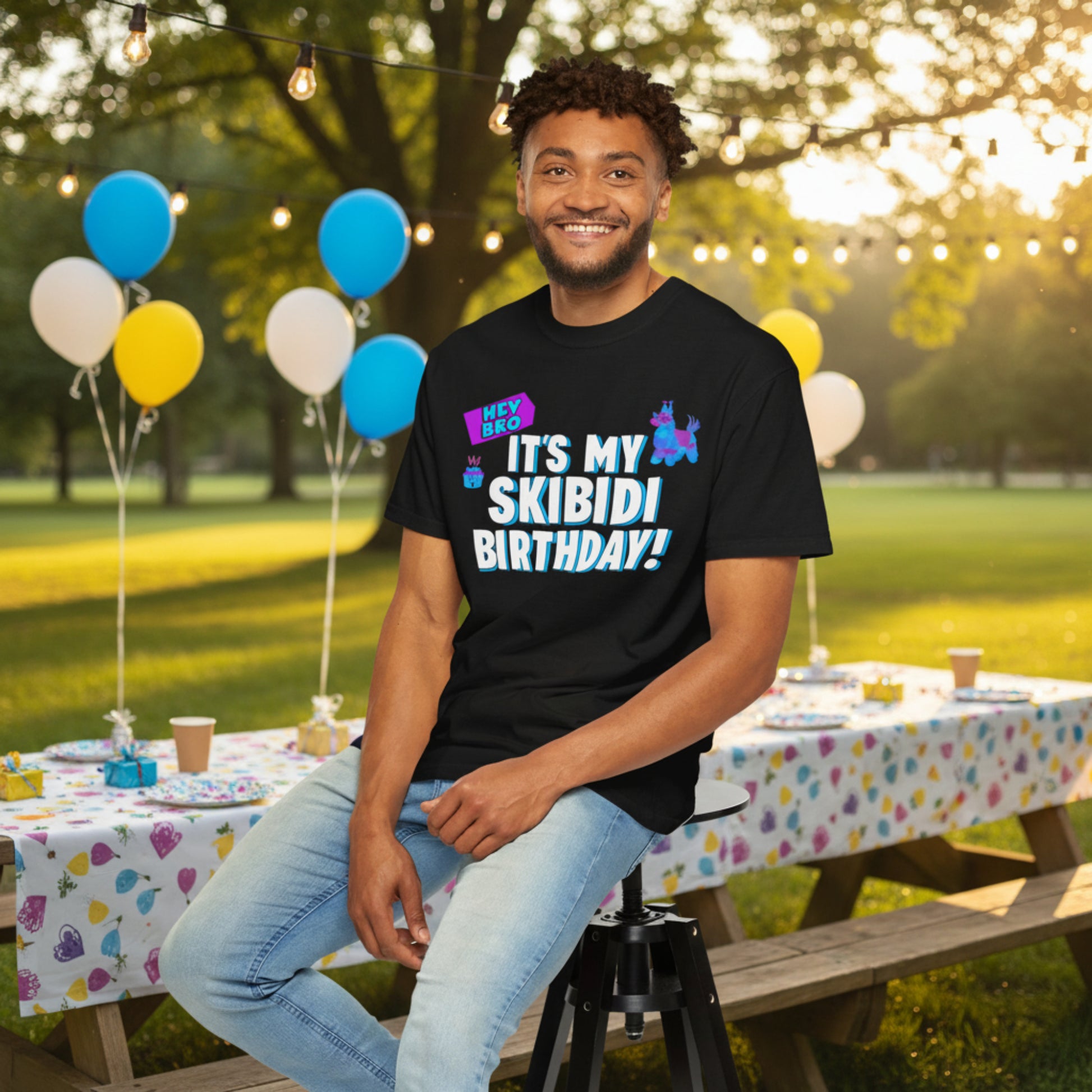 Funny unisex birthday shirt on a Comfort Colors 1717 tee featuring a llama pinata and Skibidi toilet graphic with the phrase Hey Bro It’s My Skibidi Birthday. Available in black, navy, and charcoal, this soft garment dyed t shirt has a relaxed oversized fit and vintage feel. Perfect for birthday parties, gaming nights, meme lovers, bar crawls, and funny group photos. Great gag gift for men, teens, husbands, boyfriends, brothers, and friends with Free U.S. Shipping.
