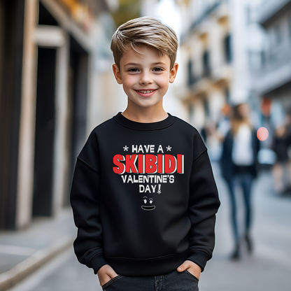 This black or dark heather grey Skibidi Valentine’s Day sweatshirt for kids is made for tweens who love gaming humor, toilet memes, and Rizz jokes. Featuring the phrase “Have a Skibidi Valentine’s Day!,” it’s the perfect blend of cozy comfort and internet trend. Ideal for boys who enjoy meme culture, Ohio jokes, or school holiday fun. Soft fleece fabric, regular fit, and double-needle stitching make it both fun and functional for meme-loving youth.

Alt Text 4:
Celebrate meme culture this Valentine’s Day wi