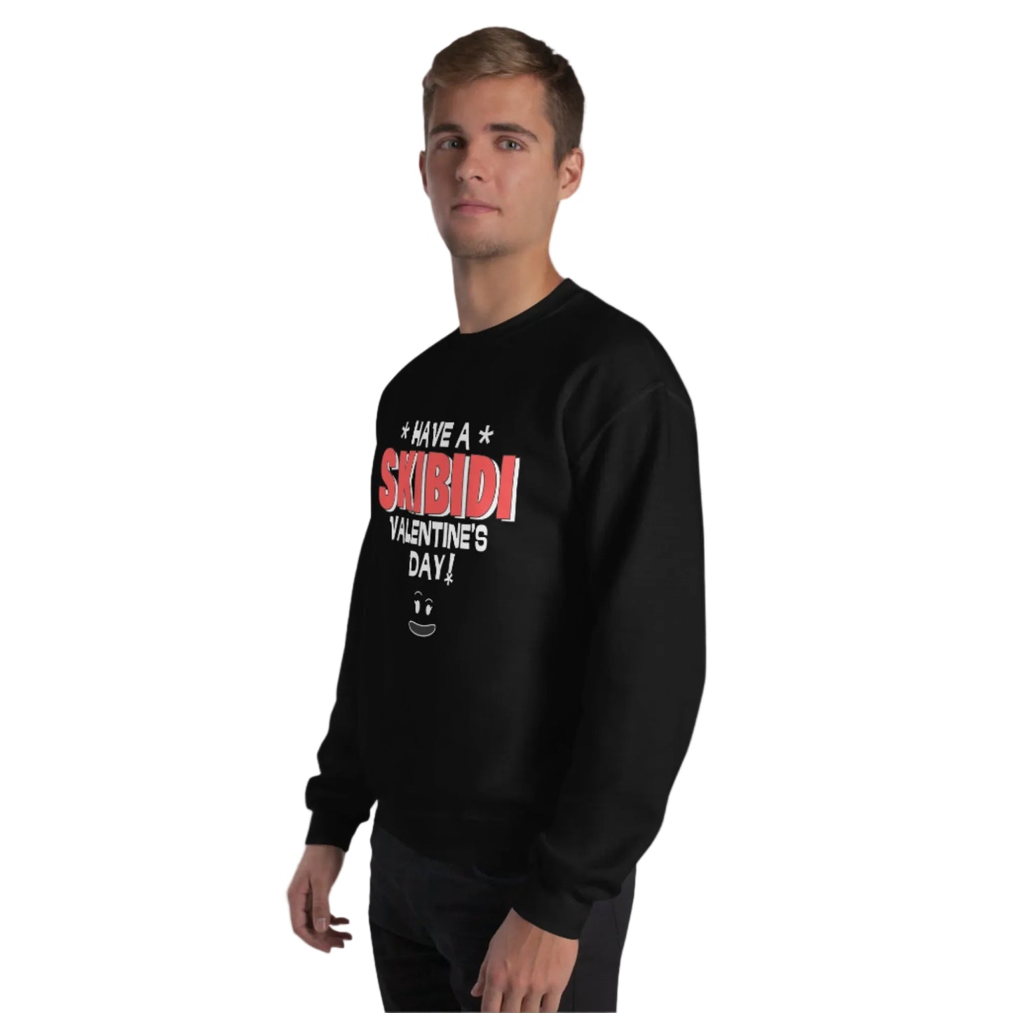 Image: Skibidi Valentines sweatshirt available in boys and mens sizes. This pullover says have a skibidi valentines day, and is a perfect gift for kids who say words like Rizz Ohio Sigma and Skibidi. Great for father and son matching, by jaecrece