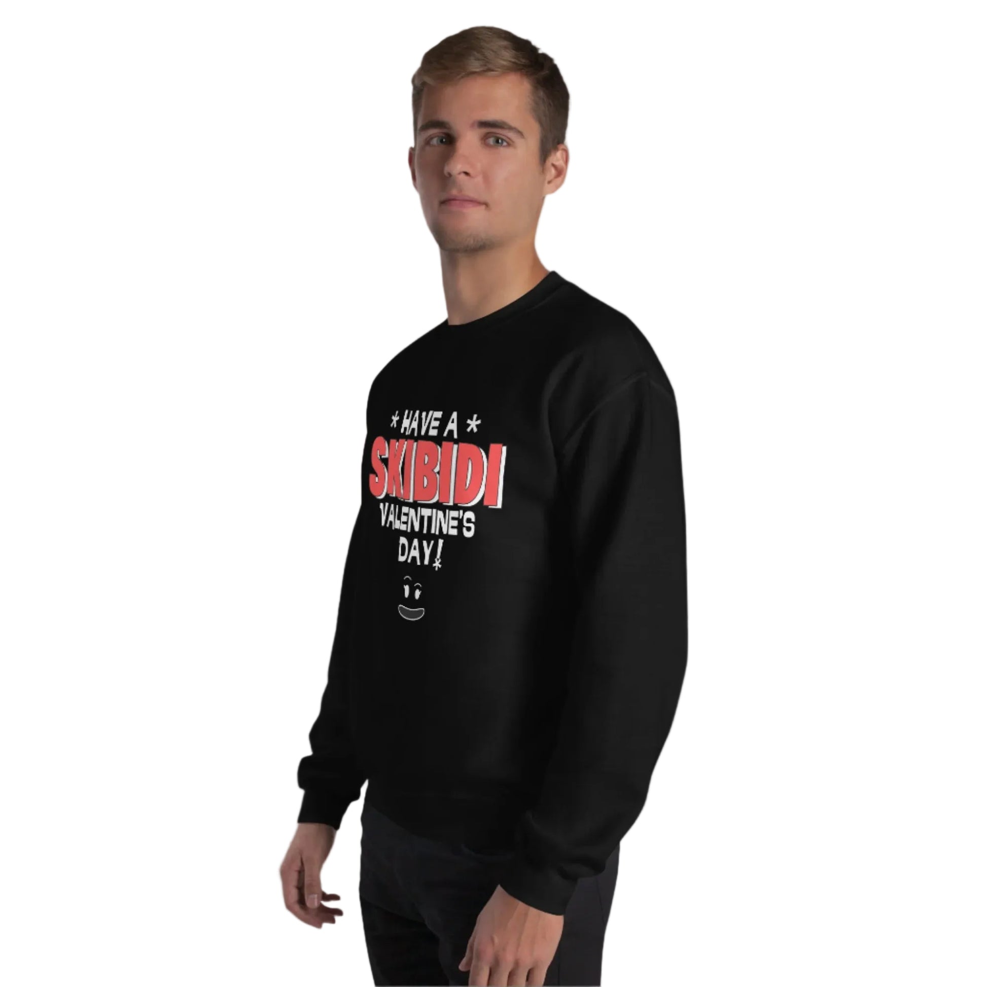 Image: Skibidi Valentines sweatshirt available in boys and mens sizes. This pullover says have a skibidi valentines day, and is a perfect gift for kids who say words like Rizz Ohio Sigma and Skibidi. Great for father and son matching, by jaecrece