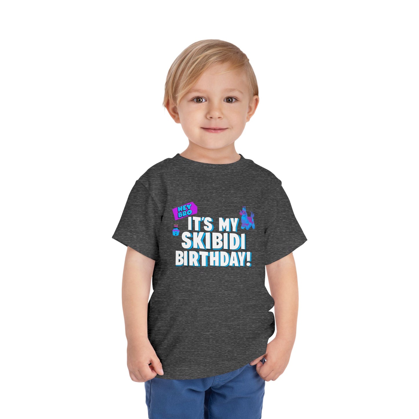 Skibidi birthday party shirt for toddlers featuring bold white and blue birthday lettering with colorful playful graphics, making a funny and trendy toddler birthday outfit for parties and family celebrations