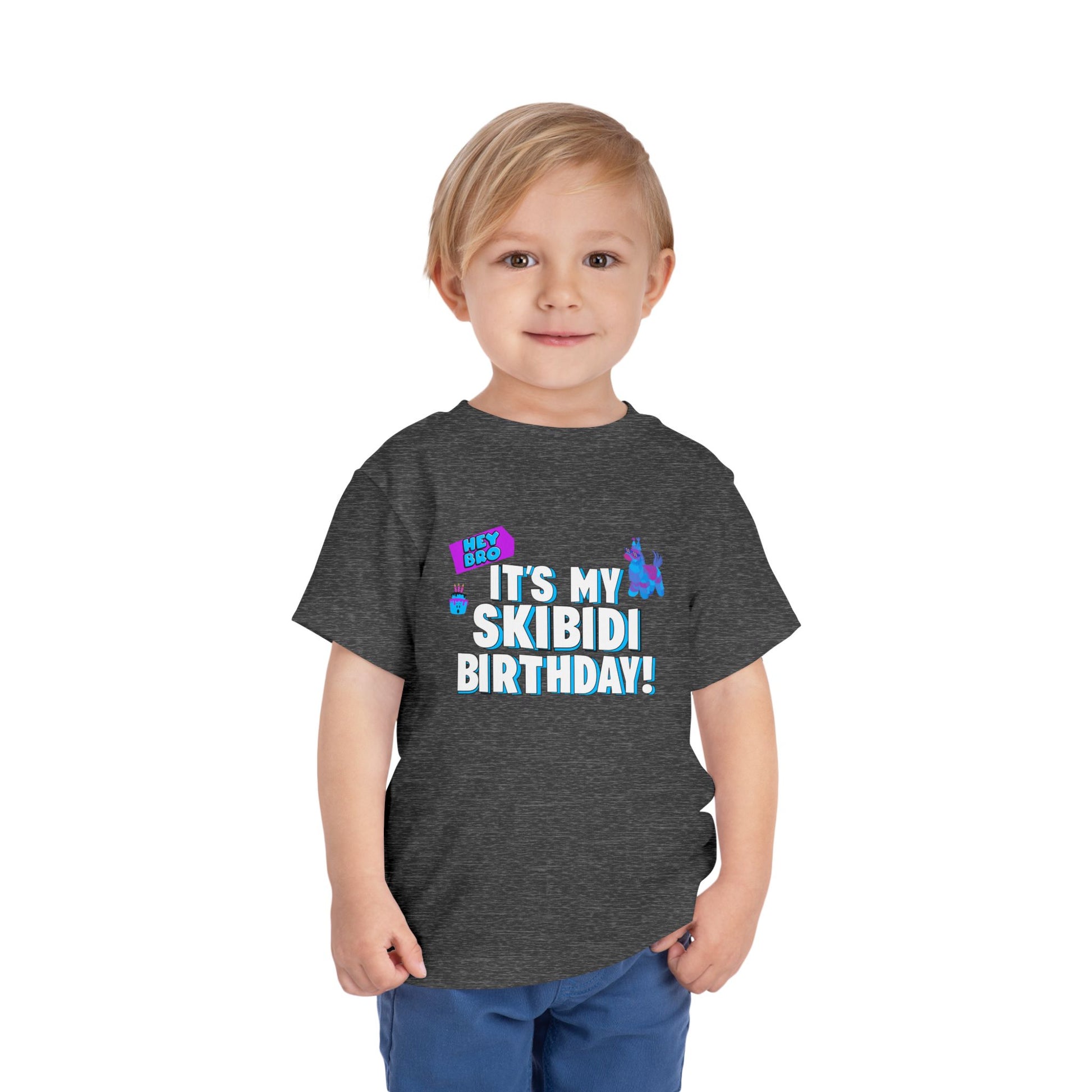 Skibidi birthday party shirt for toddlers featuring bold white and blue birthday lettering with colorful playful graphics, making a funny and trendy toddler birthday outfit for parties and family celebrations