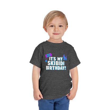 Skibidi birthday party shirt for toddlers featuring bold white and blue birthday lettering with colorful playful graphics, making a funny and trendy toddler birthday outfit for parties and family celebrations
