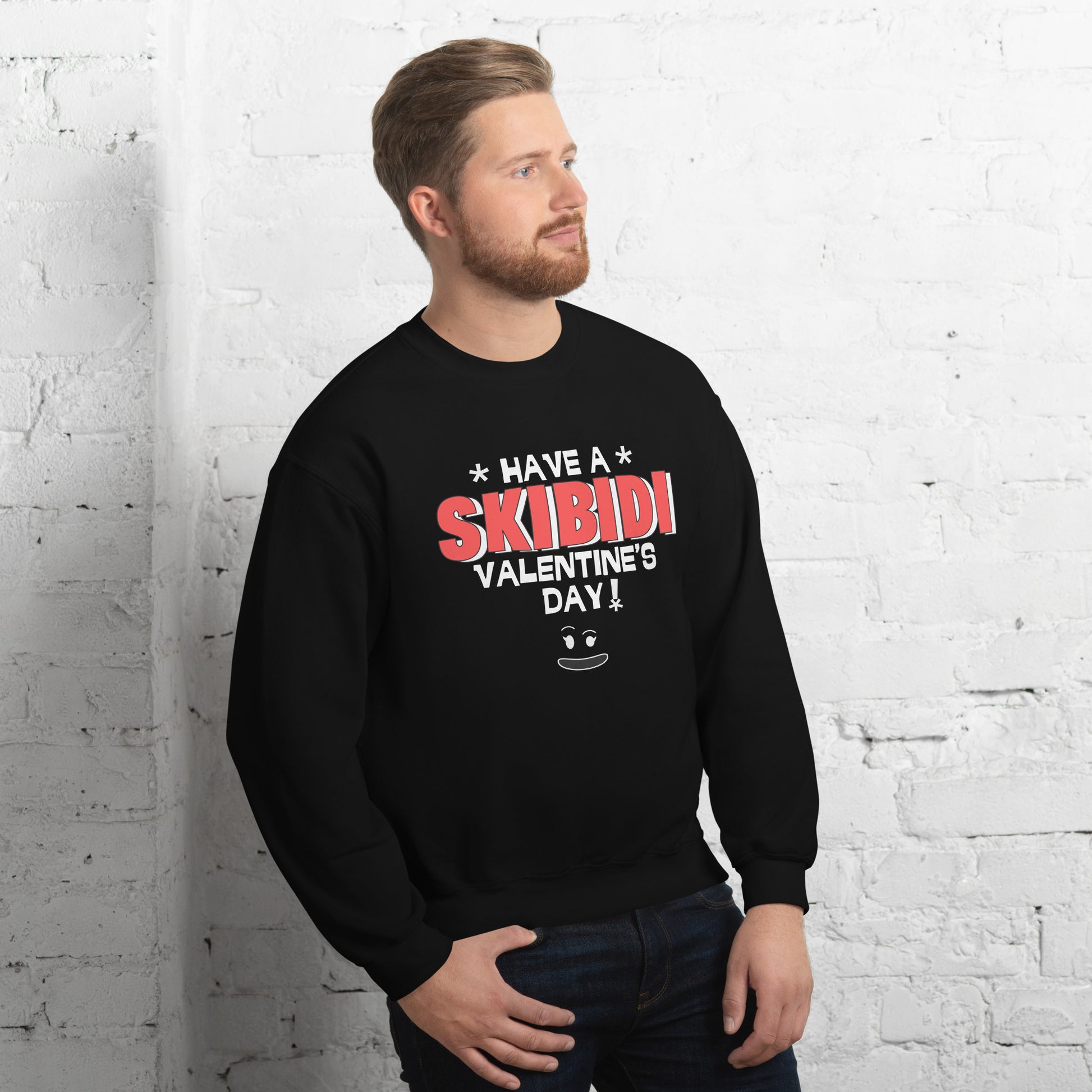 Skibidi meme Valentine sweatshirt for men, made to match your gamer kid. Black or grey pullover features “Have a Skibidi Valentine’s Day!”—ideal for dads into TikTok memes, Rizz, and Skibidi toilet jokes. S–5XL sizing fits all funny fathers. Great for classroom parties, meme family photos, or just keeping it hilarious this February. Durable stitching and soft fleece for comfort and laughs. A top Valentine’s gift for meme-loving men.