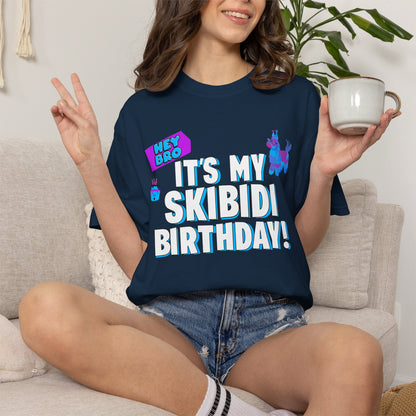 Funny men’s birthday shirt featuring the phrase Hey Bro It’s My Skibidi Birthday in bold playful lettering. This meme inspired graphic tee is perfect for birthday parties, bar crawls, gaming nights, vacation celebrations, and funny group photos. Soft garment dyed cotton gives a relaxed vintage feel with everyday comfort. Great gift for husband, boyfriend, brother, son, or best friend who loves internet humor, novelty shirts, and standout birthday outfits with Free U.S. Shipping.