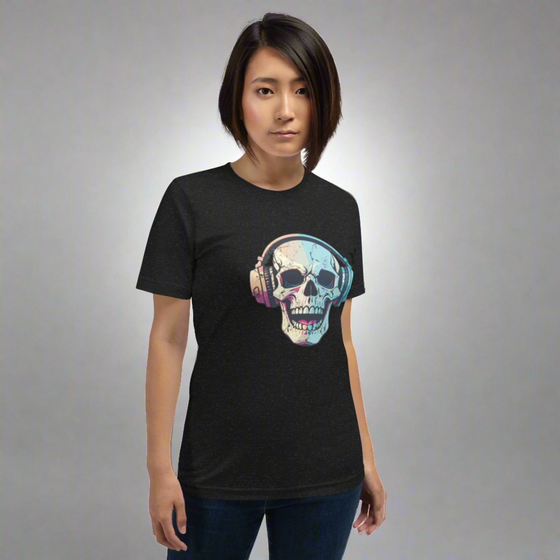 Edgy unisex t-shirt with a spooky skull and headphones design, printed on a soft black cotton base. Ideal for Halloween outfits, horror fans, and goth music lovers, this tee blends creepy humor with everyday comfort. The oversized skull print adds attitude, while extended sizes from XS to 5XL ensure everyone can enjoy a haunted look that rocks.