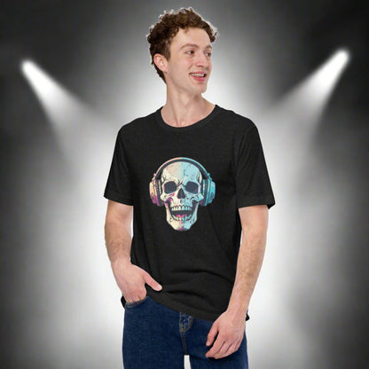 Close-up of black unisex t-shirt with a high-contrast graphic of a laughing skull in headphones. This spooky Halloween shirt is perfect for alt-style fans, music lovers, and anyone drawn to creepy-cool streetwear. Whether worn for October events or year-round haunted vibes, it’s available in XS–5XL to fit a wide range of body types and spooky styles.