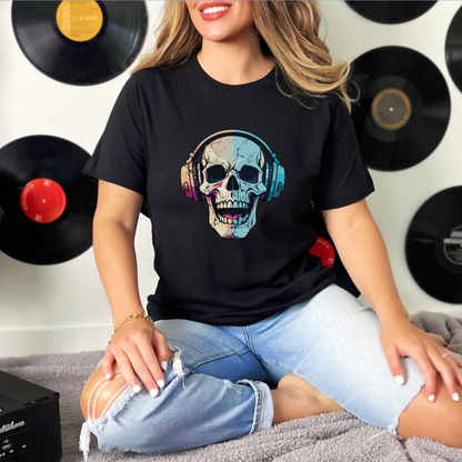 Woman wearing a black short sleeve t-shirt featuring a colorful skull wearing headphones printed across the chest. The design stands out against the dark fabric, and the image is shot on a plain background to highlight the artwork and relaxed everyday fit of the shirt, giving it a casual streetwear feel.