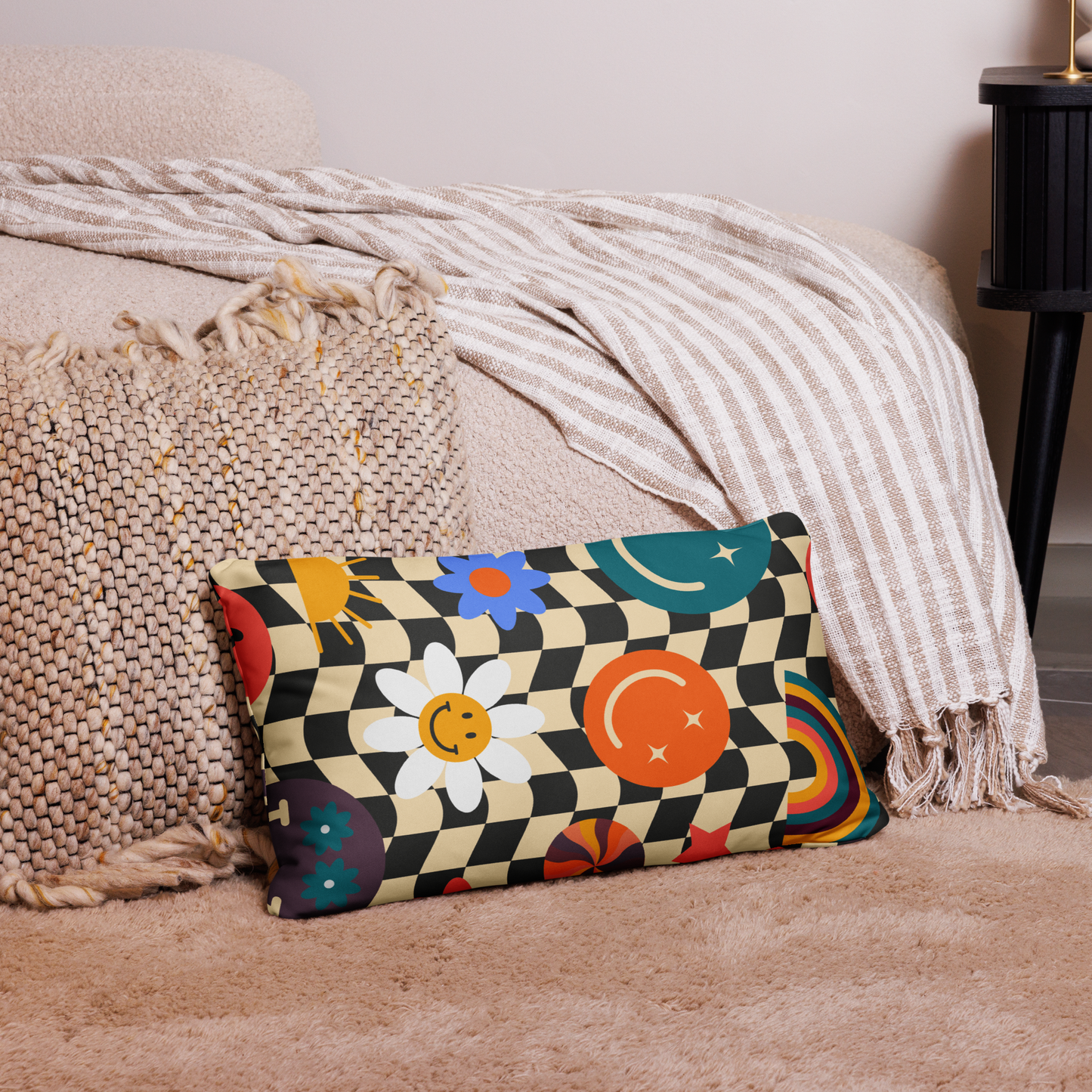 Retro Smiley Face Checkerboard Throw Pillow, featuring a vintage checker pattern in black and tan, with fun pictures of rainbows, smiley faces, daisies and sunshine. This throw pillow is perfect for living rooms, dorm rooms and bedrooms, by jaecrece.com