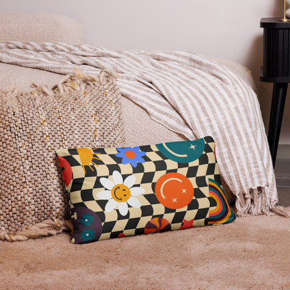 Retro Smiley Face Checkerboard Throw Pillow, featuring a vintage checker pattern in black and tan, with fun pictures of rainbows, smiley faces, daisies and sunshine. This throw pillow is perfect for living rooms, dorm rooms and bedrooms, by jaecrece.com