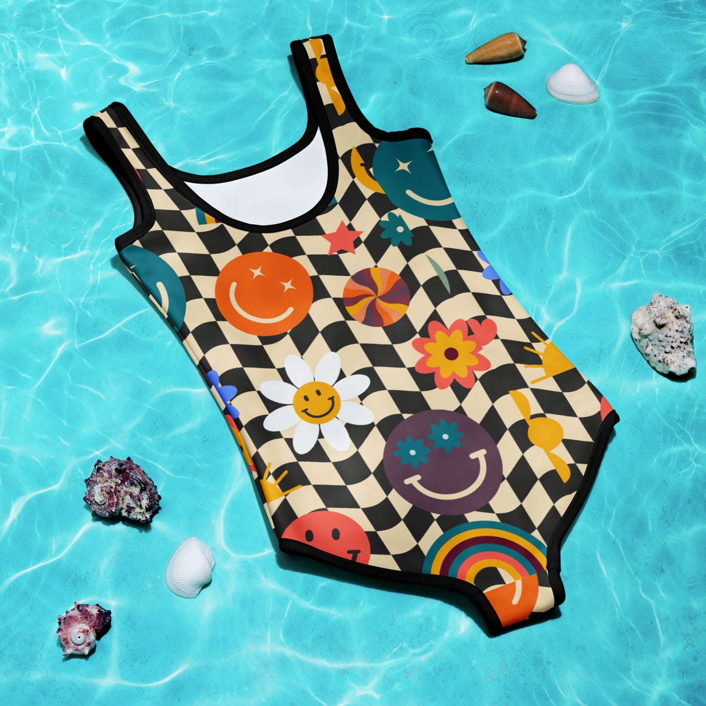 Girls retro checkerboard swimsuit in sizes 2T-20 with kawaii smiley faces, rainbows, daisies, and colorful 70s inspired graphics.