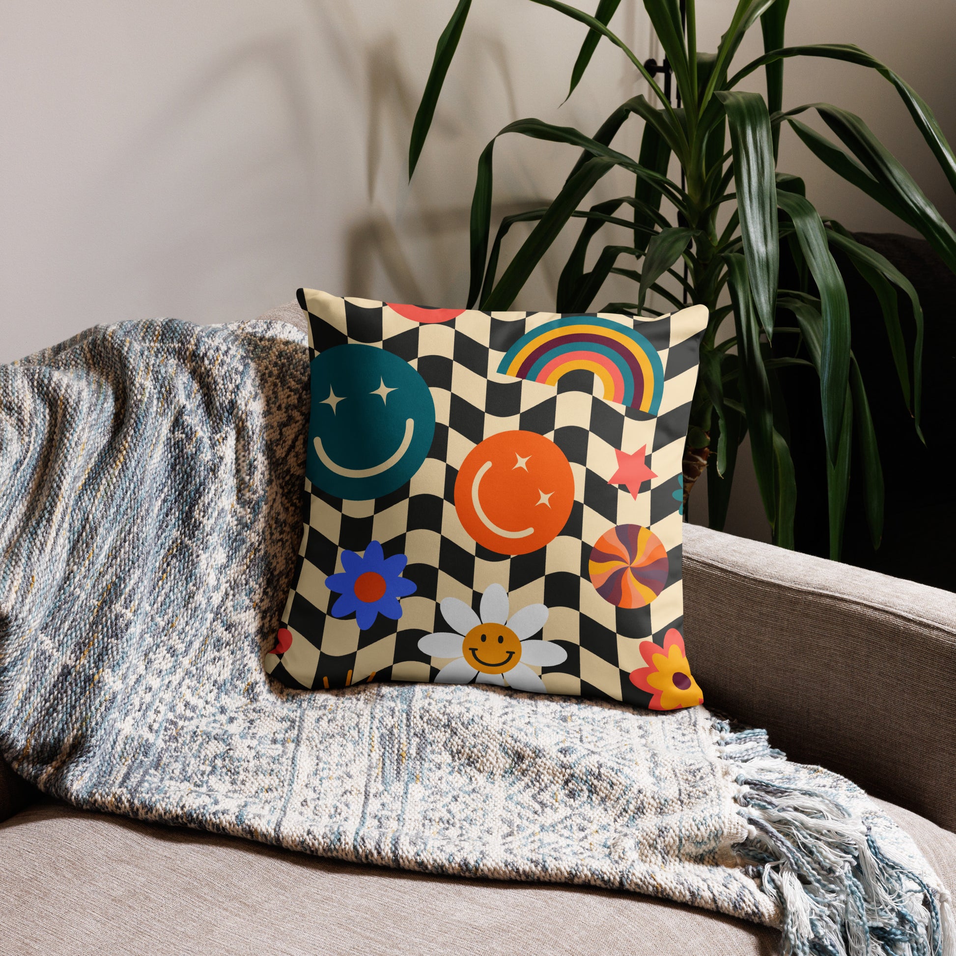 Smiley face checkerboard throw pillow styled on a cozy couch, showing playful retro Y2K décor with bright cheerful smiley icons and a trendy checkered pattern. Perfect accent pillow for teen bedrooms, dorm lounges, apartments and small spaces. Cute home décor for friends who love soft girl aesthetic, retro room accents and fun pillows that add happy vibes and personality to any room.