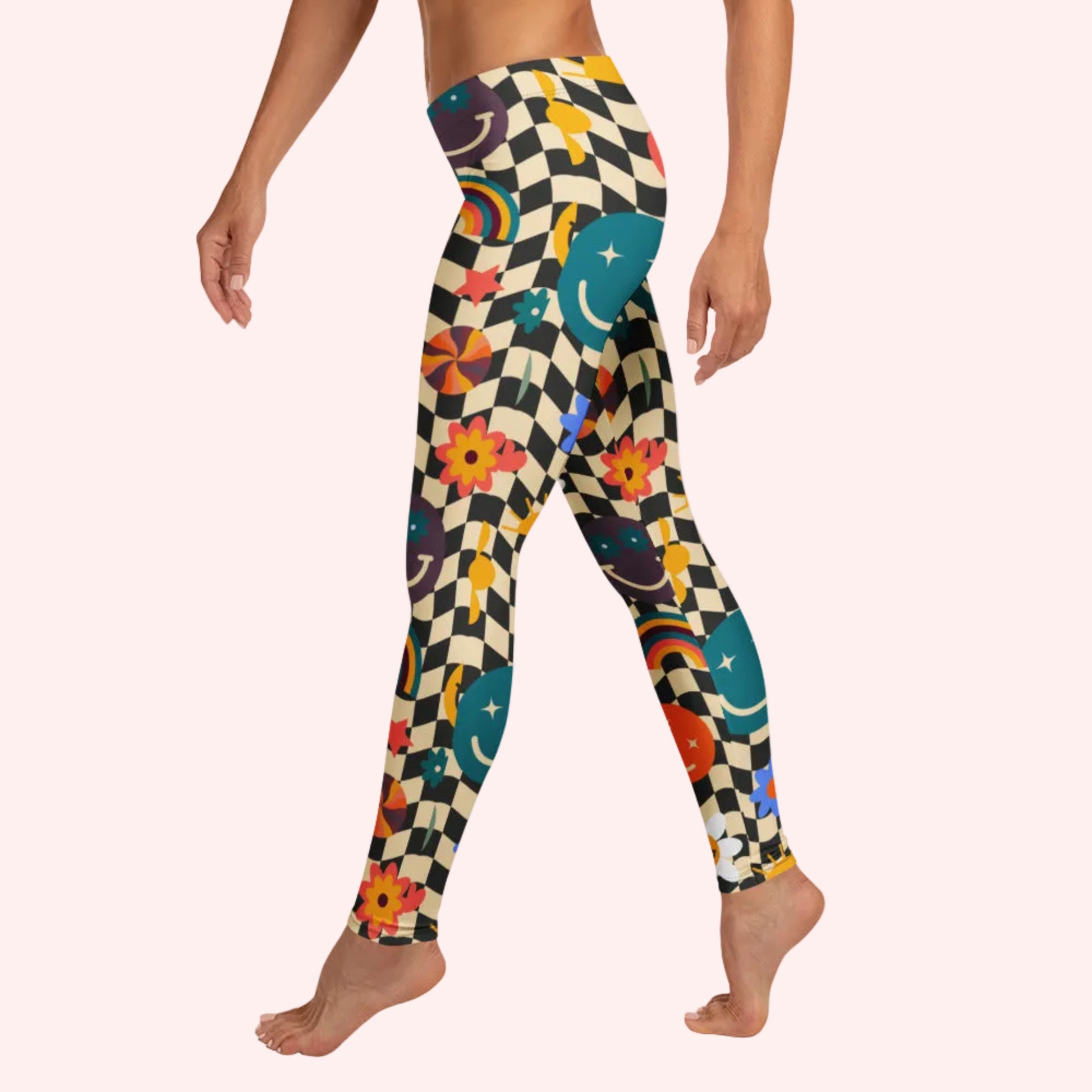 Smiley Face Checkerboard Womens Retro Tights Side