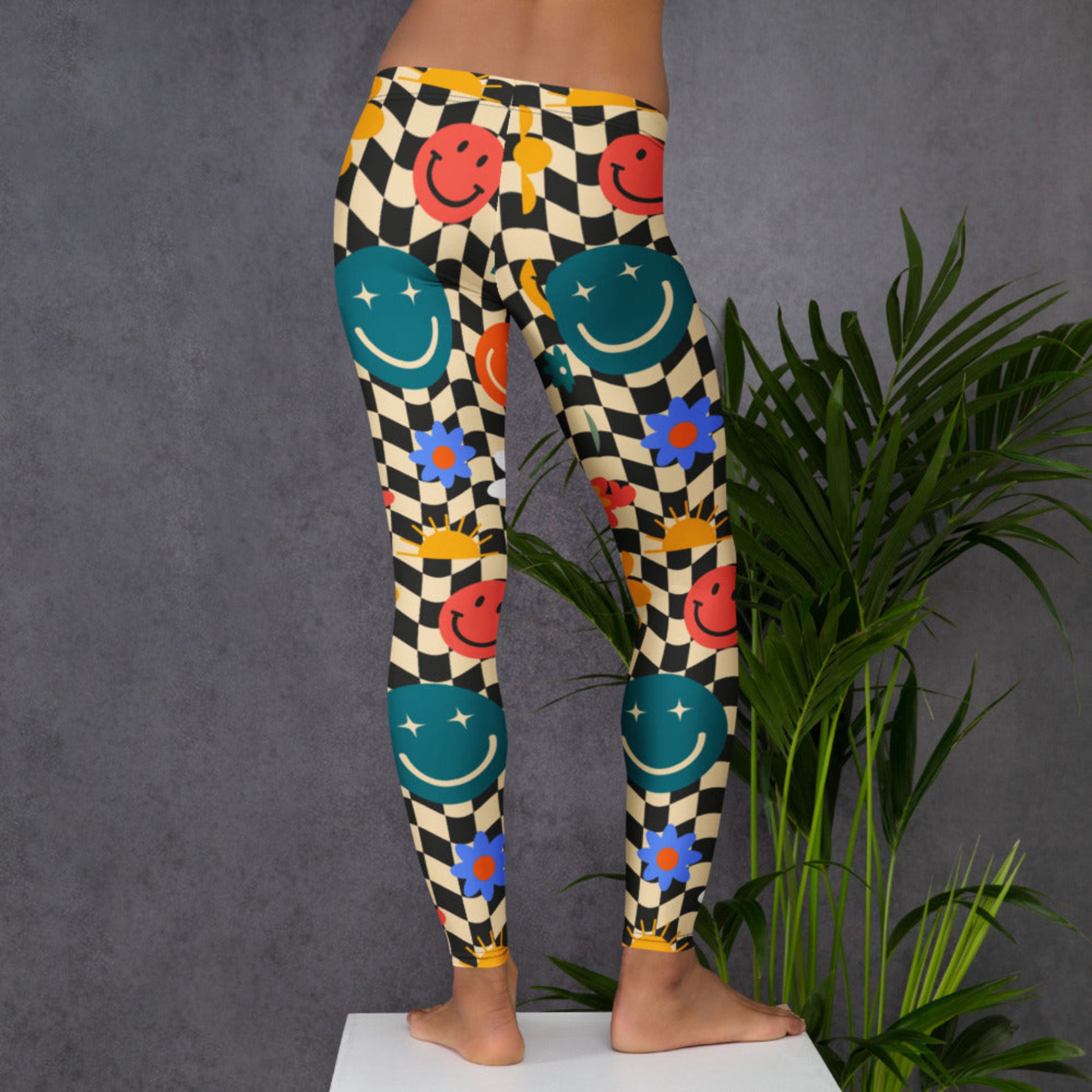 Smiley Face Checkerboard Womens Yoga Leggings