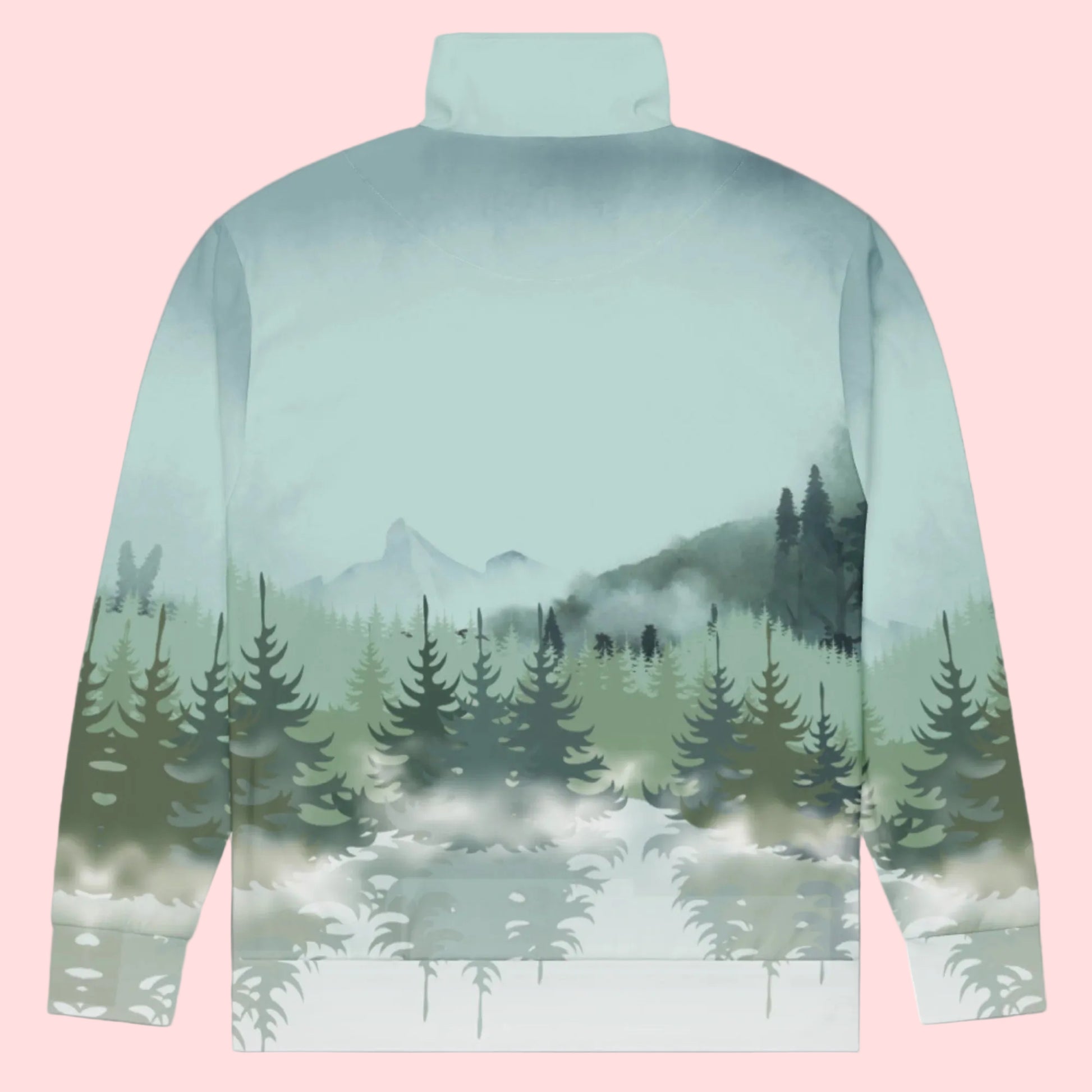 Image: Winter Forest Unisex Track Jacket. This nature inspired workout jacket has an ombre snowy mountain print that fades from a blue gray sky to mountains and pine trees to white snow. Suitable for men and women, by jaecrece