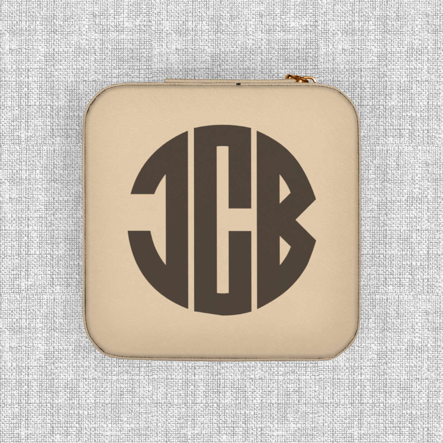 Soft gold monogram travel jewelry box with zip closure, small jewelry organizer for women, men, vacations, cruises, business trips and everyday use