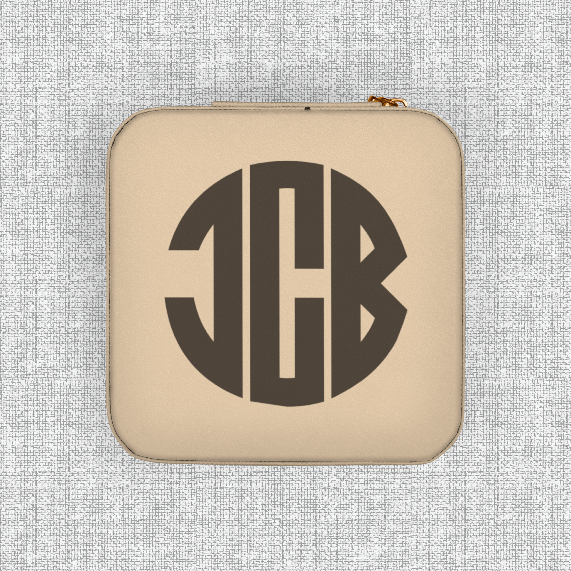 Soft gold monogram travel jewelry box with zip closure, small jewelry organizer for women, men, vacations, cruises, business trips and everyday use