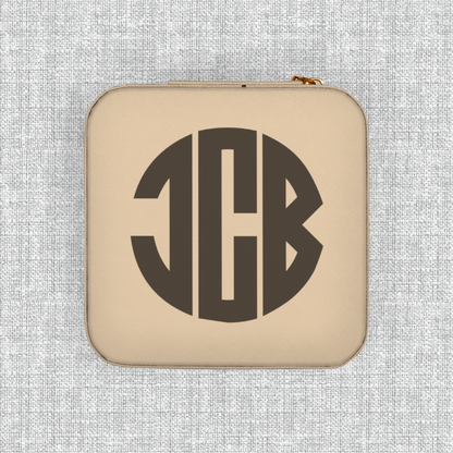 Soft gold monogram travel jewelry box with zip closure, small jewelry organizer for women, men, vacations, cruises, business trips and everyday use