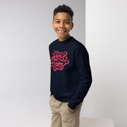 Red script youth sweatshirt says "Merry Christmas Y’all," bringing southern flair to your child's holiday wardrobe. Crafted from pre-shrunk cotton and polyester, this Gildan 18000B sweatshirt is soft, warm, and ideal for holiday fun. A stylish and thoughtful gift for the season.