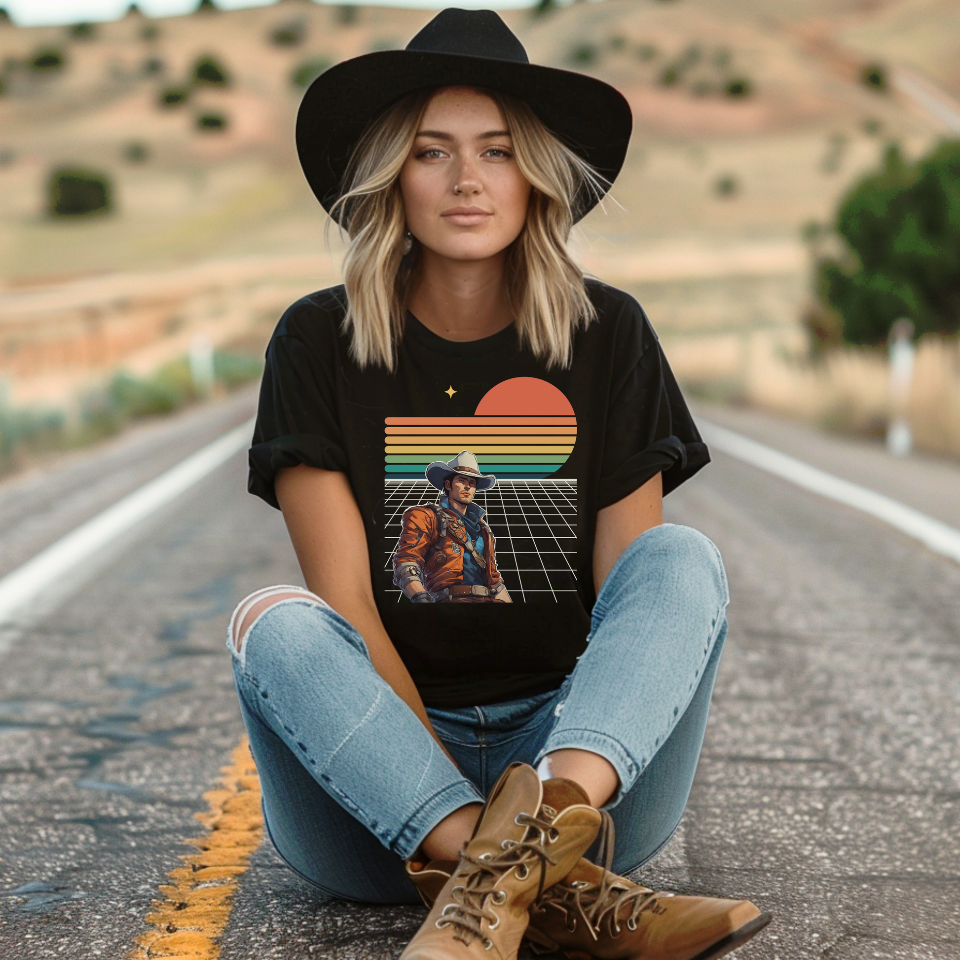 Person sitting on a road wearing a black t-shirt with a graphic design, surrounded by a desert landscape.