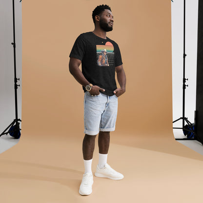 Graphic tee with space cowboy theme featuring a retro sunset and grid background in warm earthy tones. Designed for comfort with soft cotton fabric and a relaxed unisex fit, this shirt is perfect for casual outfits, travel days, concerts, or lounging in style. Great gift for fans of western inspired fashion, vintage designs, and cosmic adventure aesthetics.